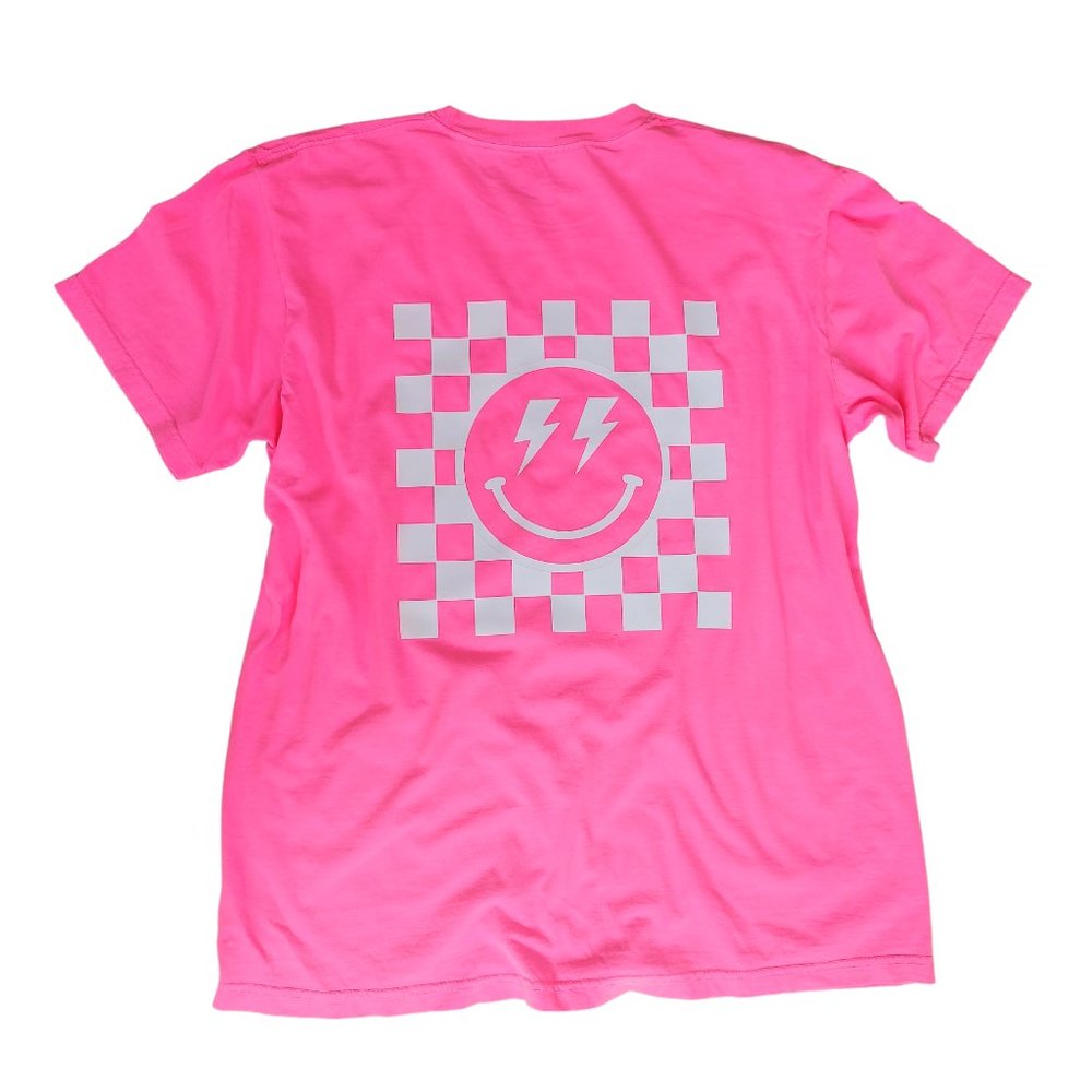 Neon Pink Smiley Face Checkerboard Lightning Bolt T-Shirt - Picture 4 of 10